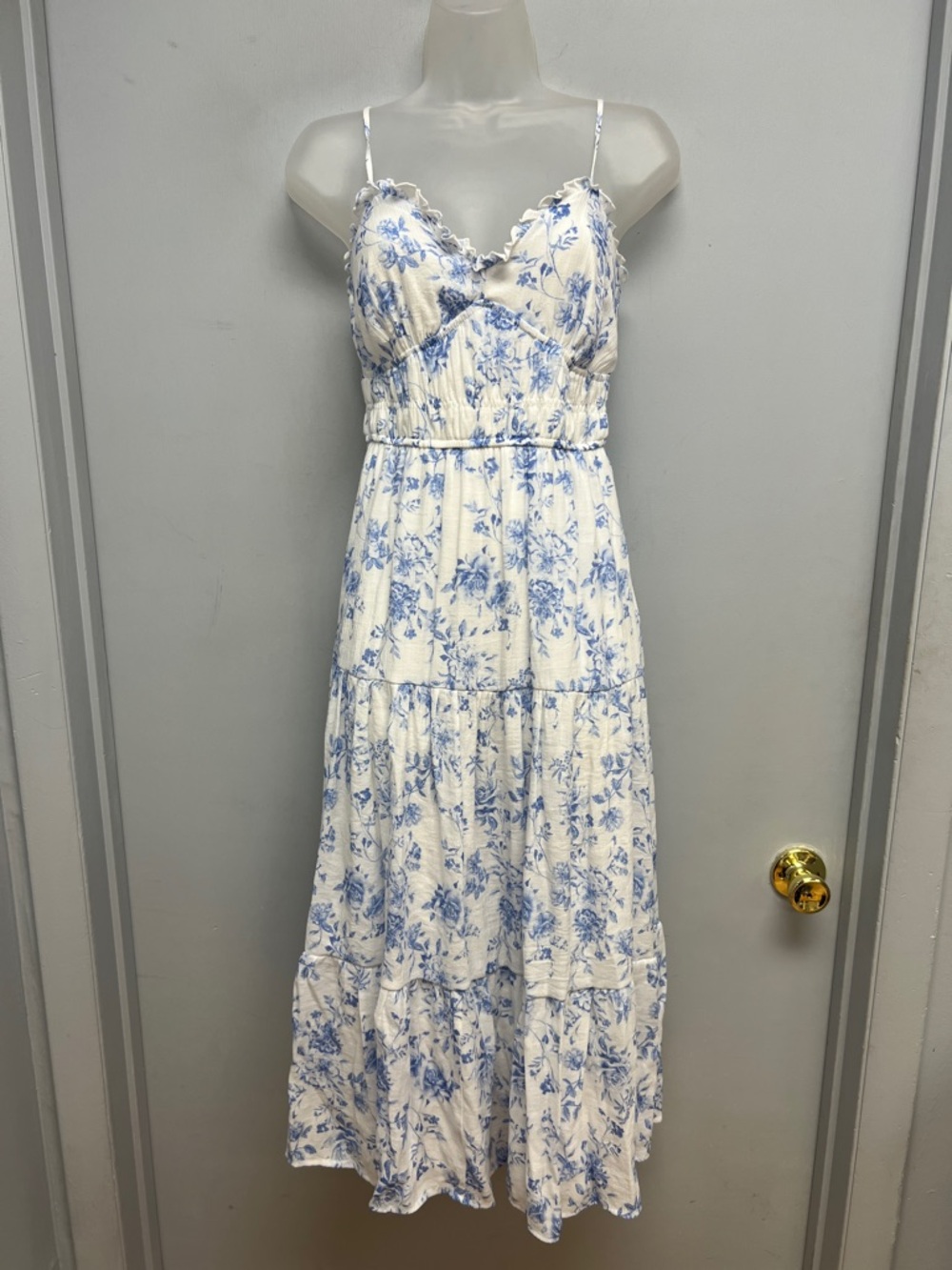 Trixxi Blue White Floral Midi Dress Tiered Ruffle Cami Strap Size Small